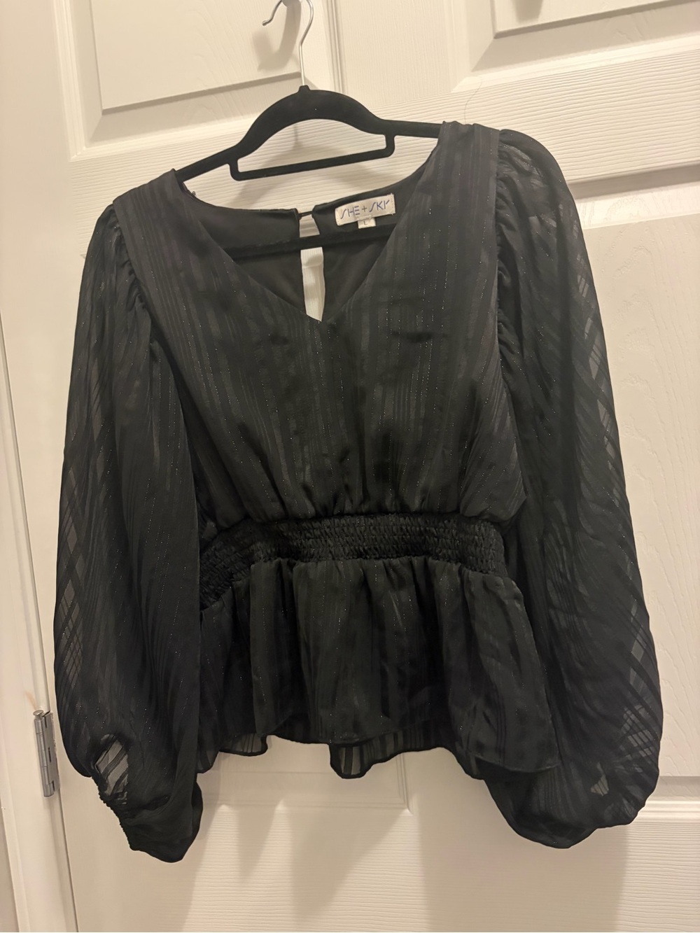 MINKPINK Black Sheer Long-Sleeve Smocked Peplum Blouse